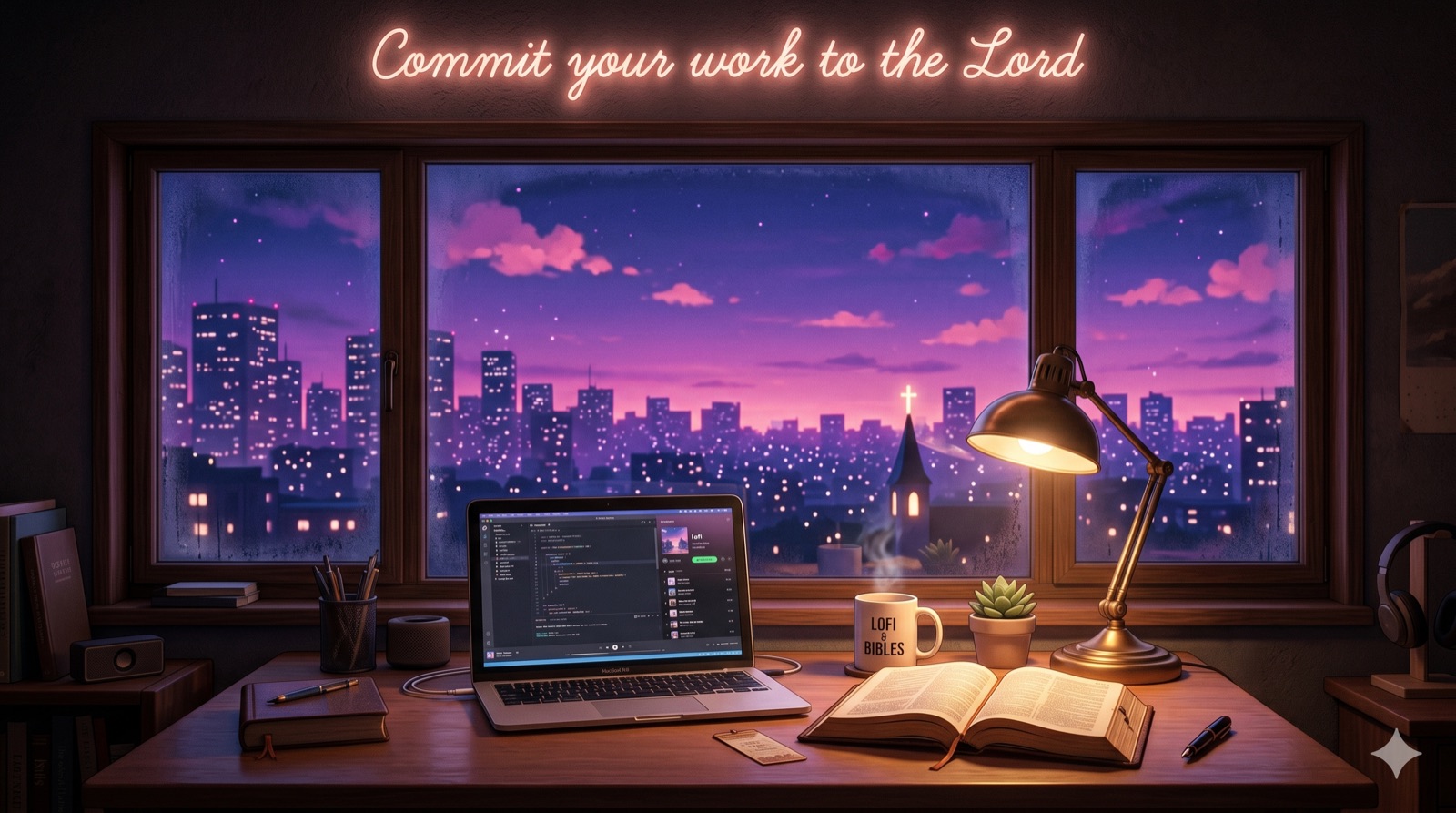 Lofi night desk scene: a laptop and open Bible by a window over a synthwave city skyline, with a neon sign reading 'Commit your work to the Lord'.